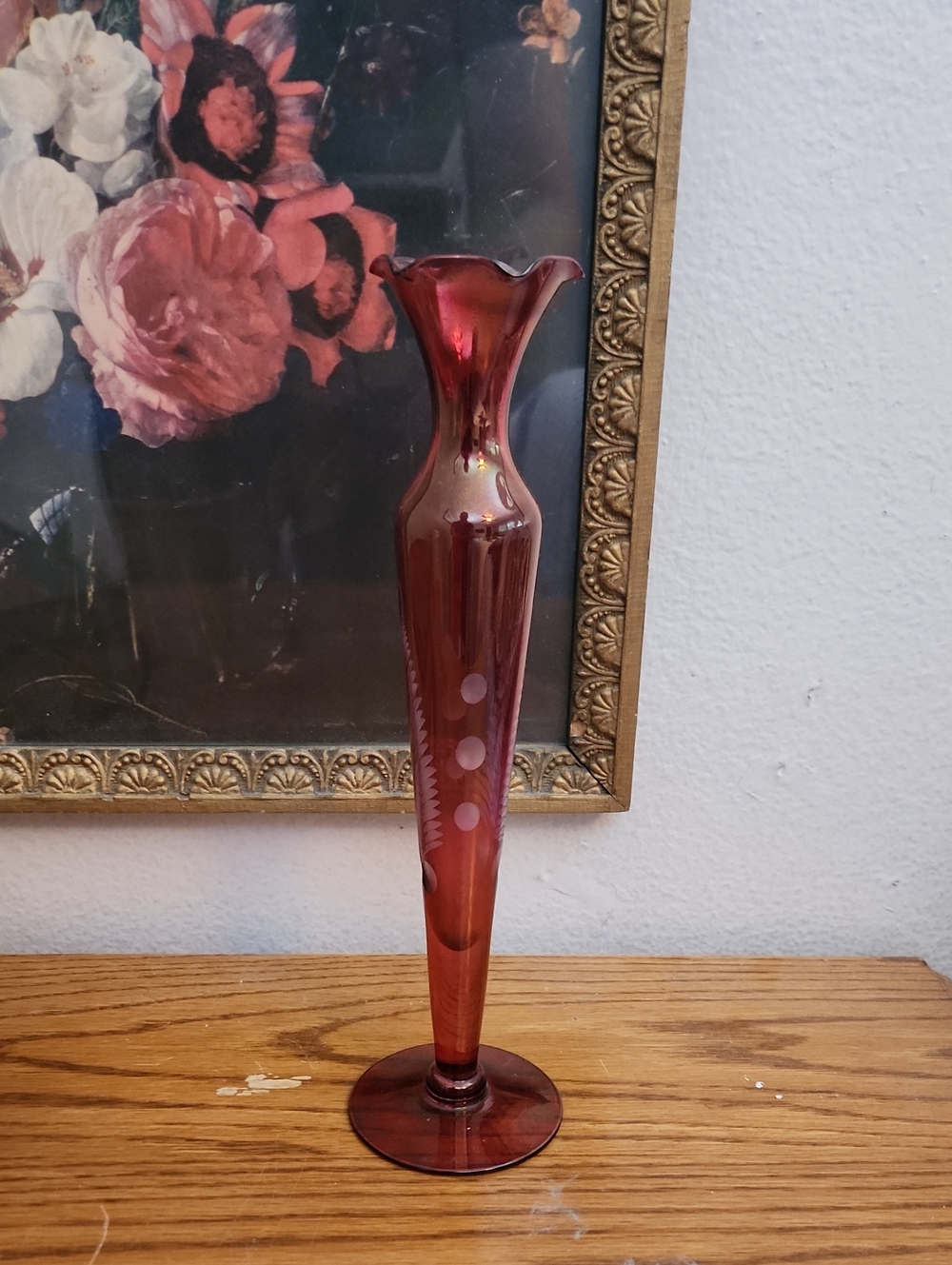 Cranberry Etched Glass Vase Mid Century Modern Fragile Collectible